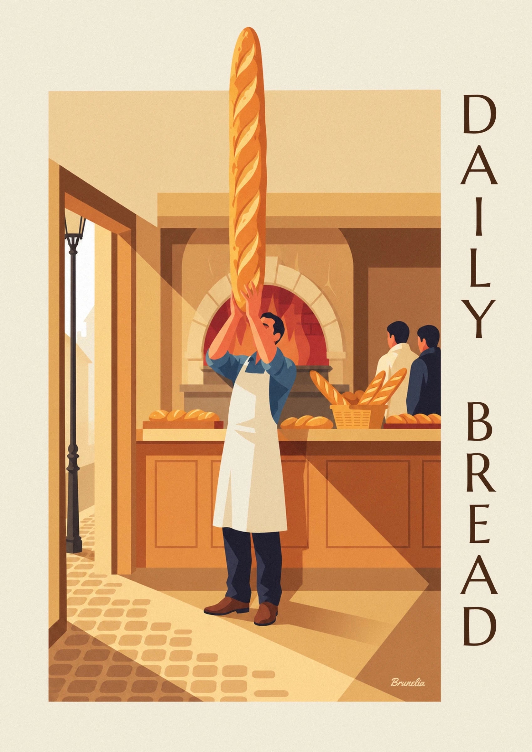 A golden baguette with diagonal cuts in front of the bakery’s cream wall