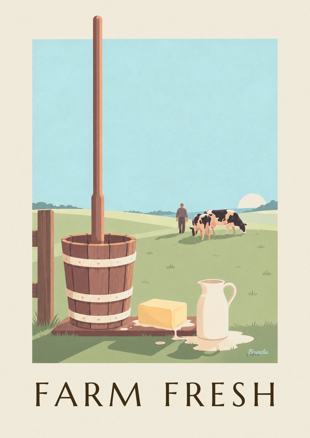 Affiche baratte en bois et motte de beurre fermier