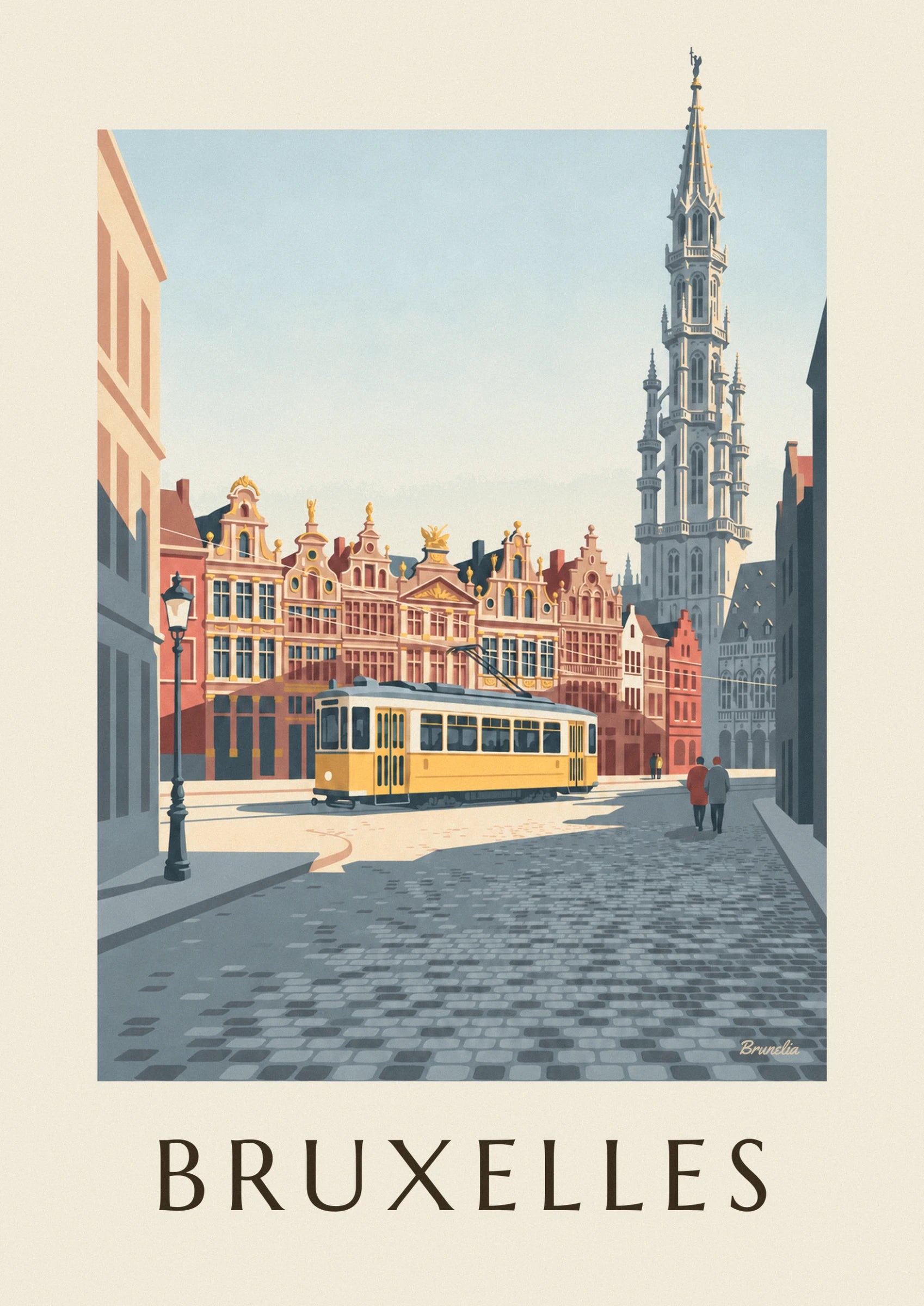 Le tramway jaune devant les façades dorées de la Grand-Place, sur les pavés