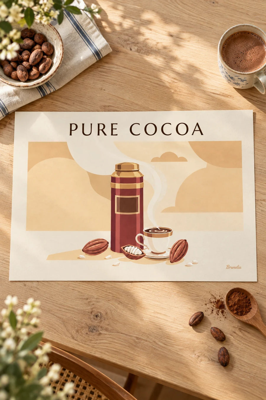 Póster de lata de cacao y taza de chocolate caliente: apoyado sobre una mesa
