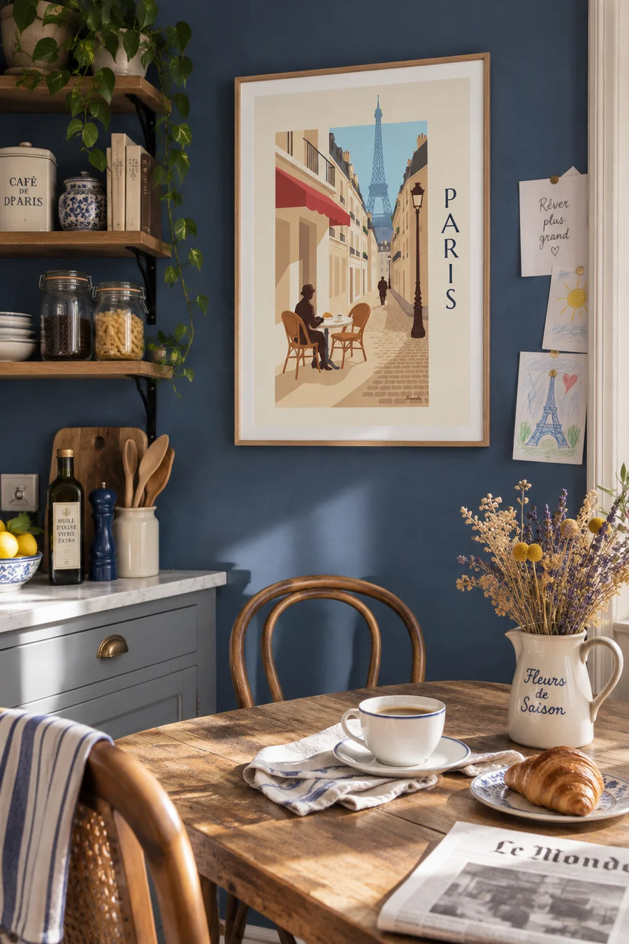 Poster of a croissant and coffee on a Parisian terrace: framed on the wall