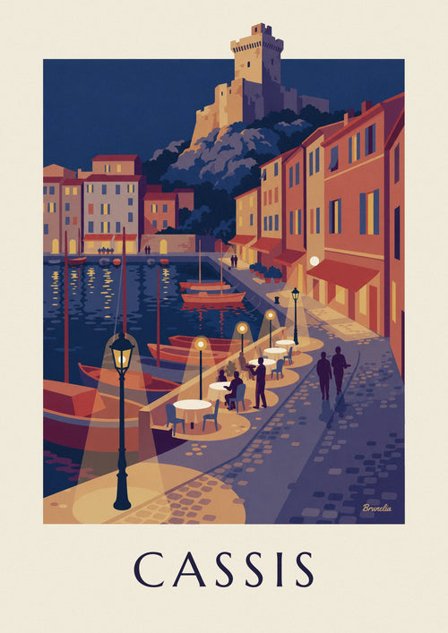 Affiche terrasse de café le soir sur le quai de Cassis et son château : l'affiche entière