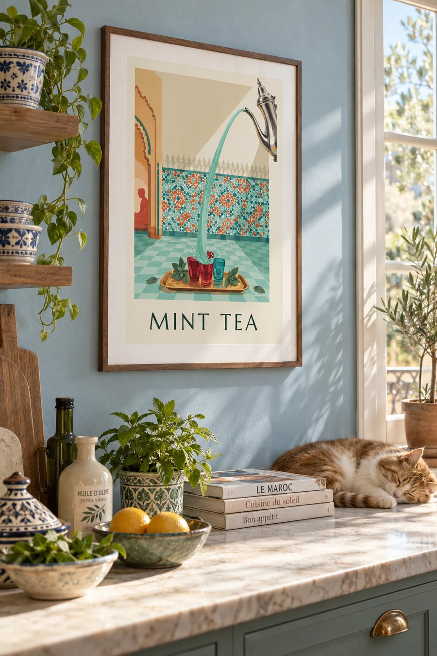Poster of mint tea served in engraved glasses: framed on the wall