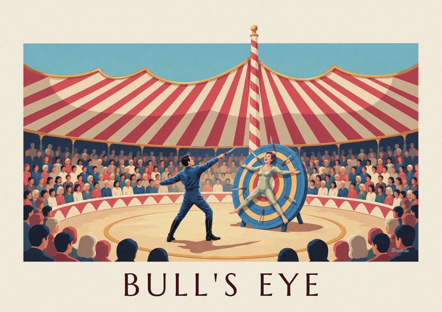 Póster de lanzador de cuchillos y diana giratoria bajo la carpa de circo