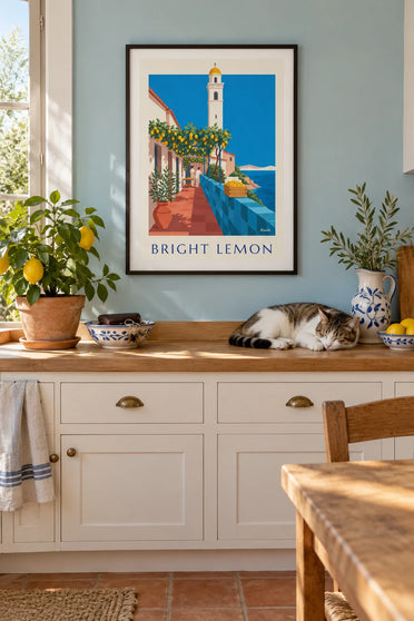 Poster of a lemon tree pergola and a yellow-domed bell tower facing the sea: framed on the wall