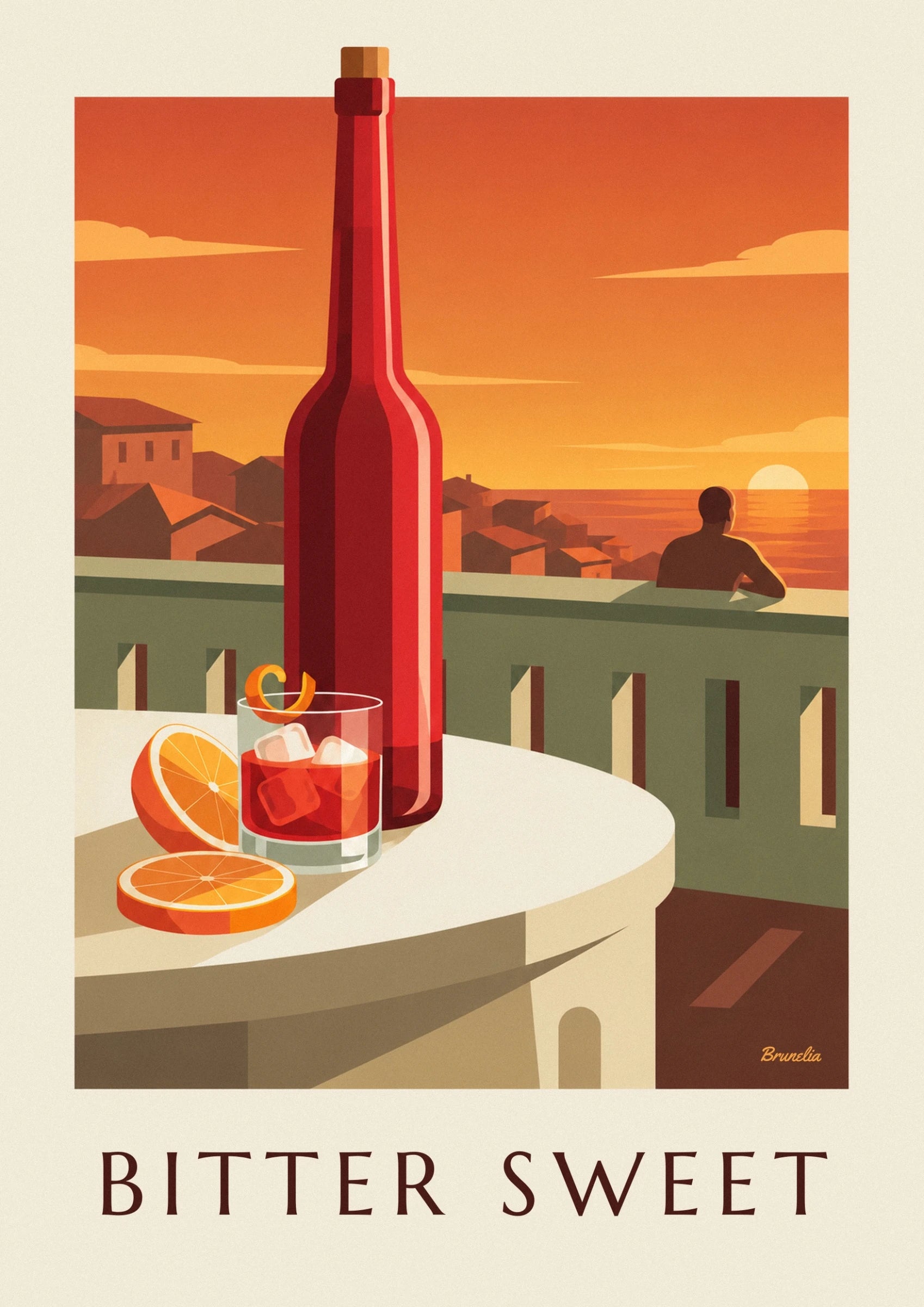 A red Negroni with translucent ice cubes, a twist of orange peel and orange slices