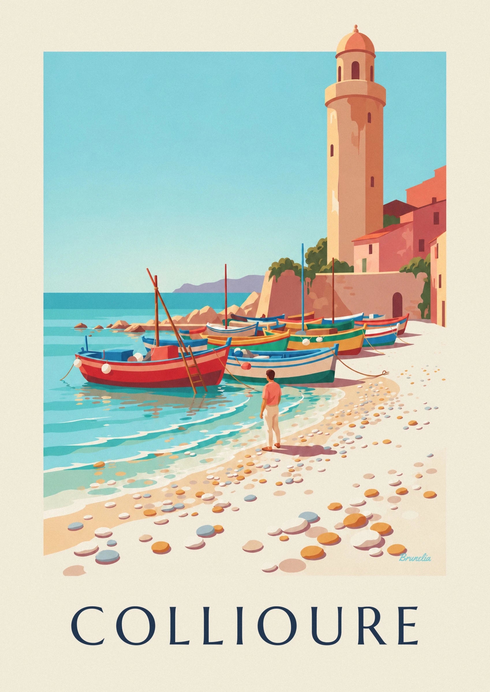 The red rowing boat and its wooden ladder in the turquoise water of Collioure