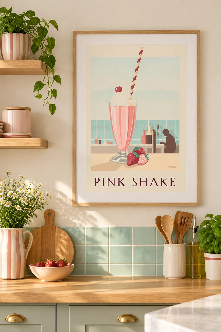 Póster de batido de fresa en la barra de un diner: enmarcado en la pared