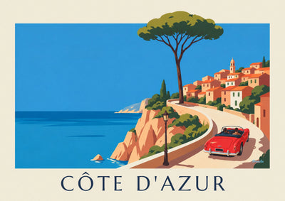 Red convertible poster on a French Riviera coastal road: the full poster
