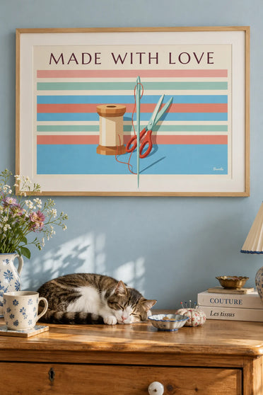 Affiche couture faite main, bobine de fil, ciseaux et aiguille : encadrée au mur