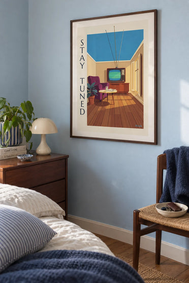 Affiche téléviseur cathodique et motif de grille lumineux : encadrée au mur