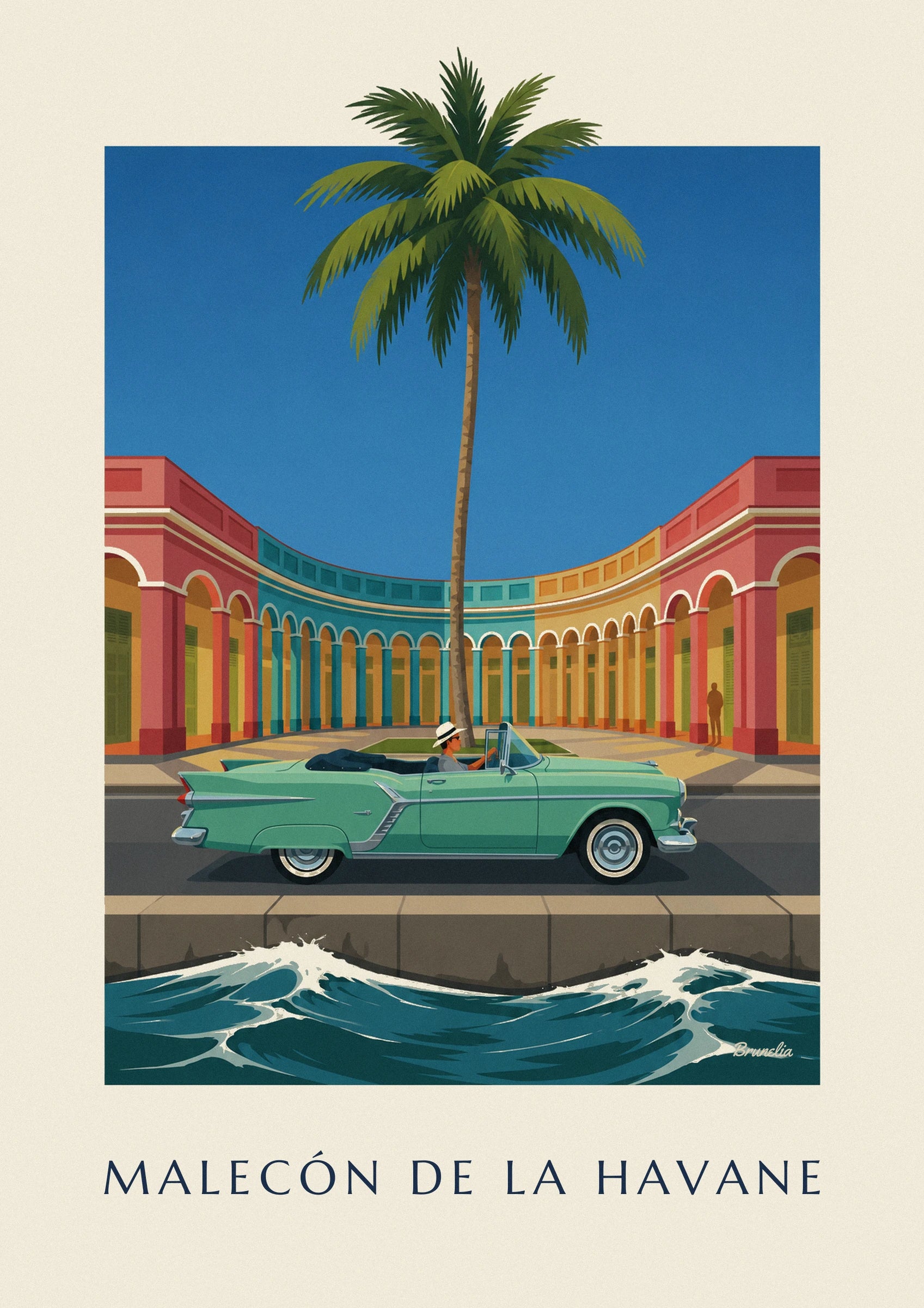 Affiche décapotable vert menthe sur le Malecón de La Havane : détail en gros plan