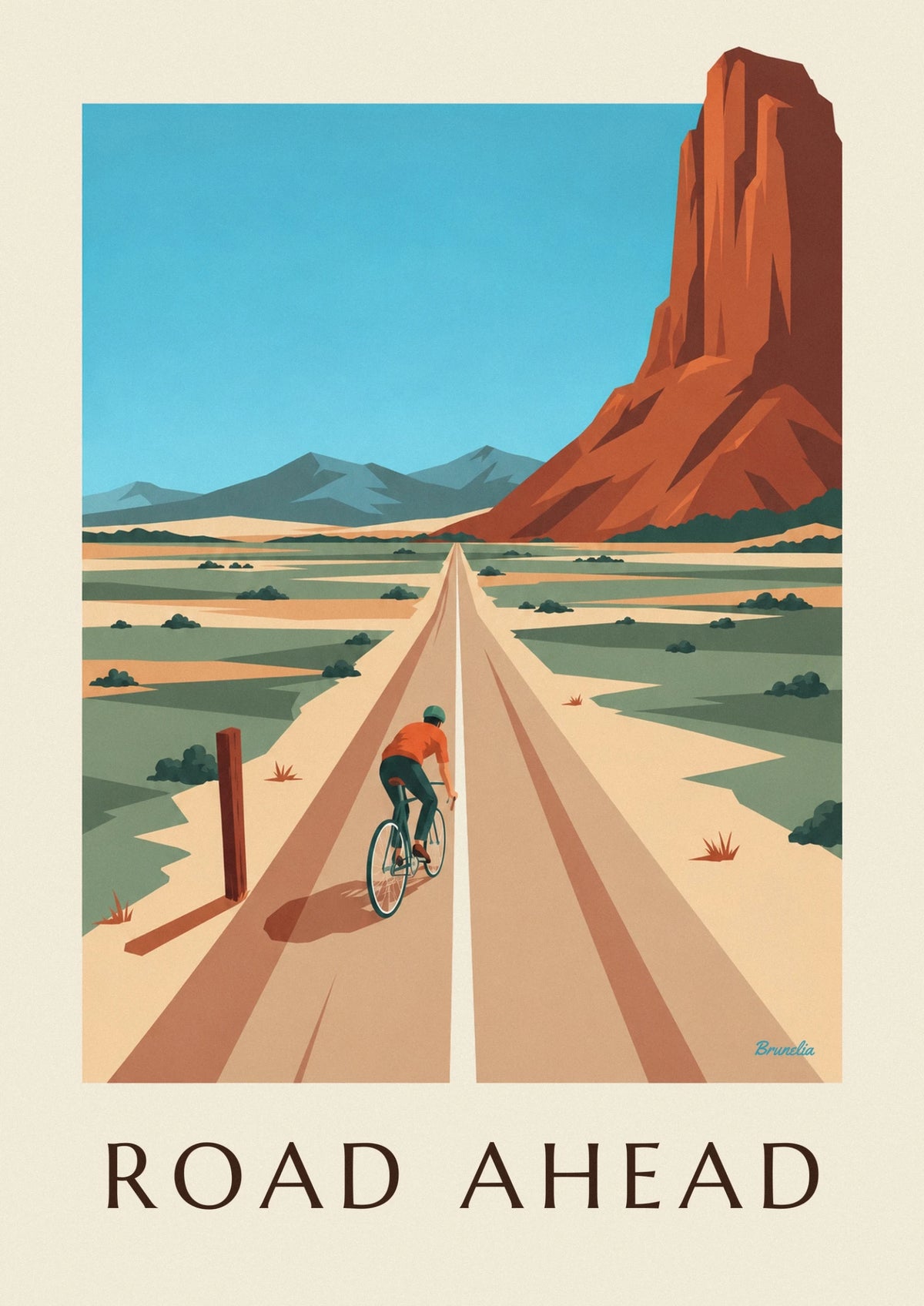 Cyclist on a long straight road toward the mountains poster