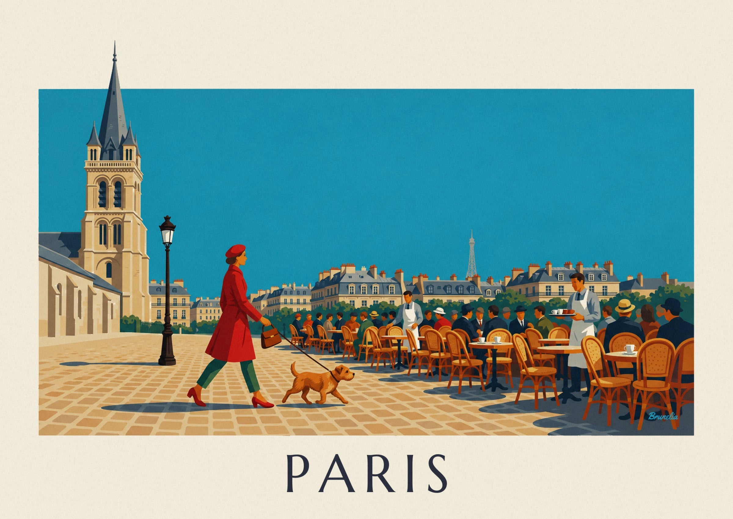 The woman in a beret and red coat, her brown bag and her ginger dog on a lead on the cobbles