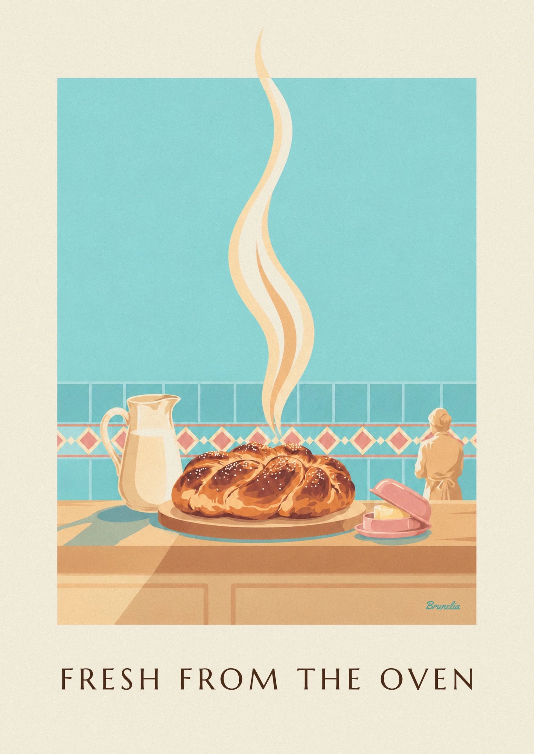 El brioche trenzado dorado con azúcar perlado sobre su tabla, delante de los azulejos turquesa