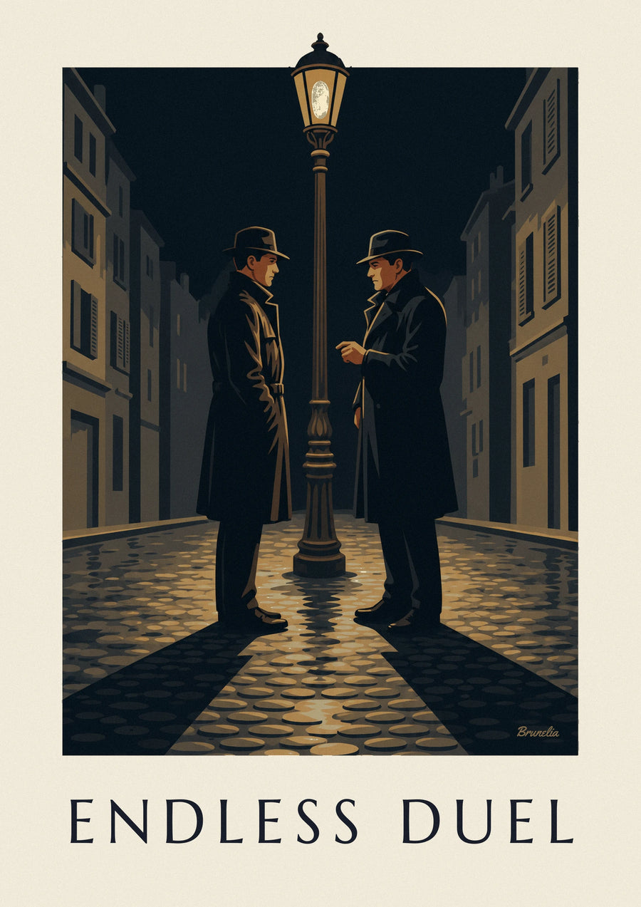 Póster duelo de cine negro bajo una farola, noche de lluvia