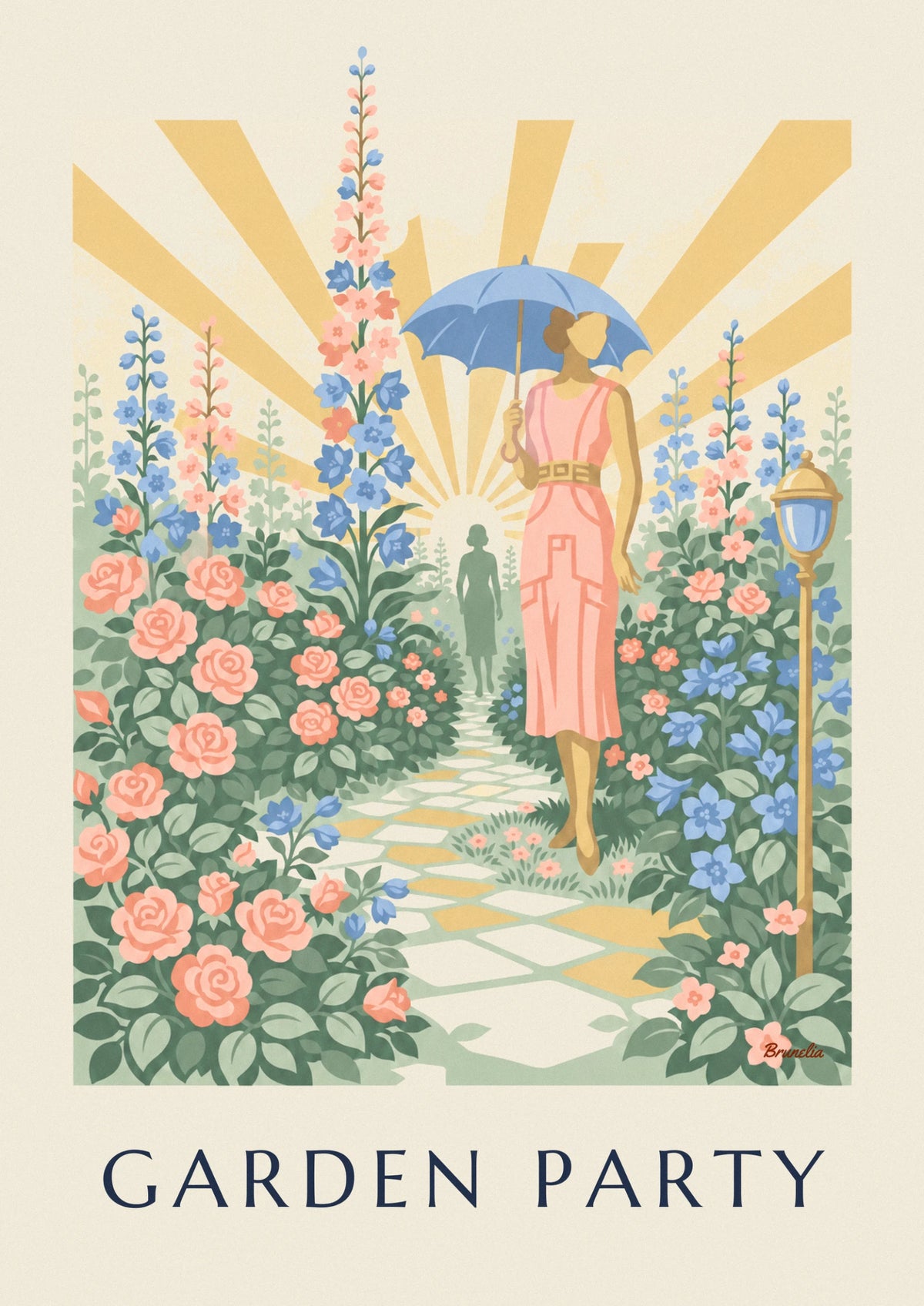 Woman with parasol in a rose and delphinium garden poster