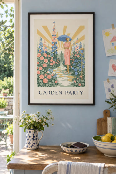 Poster of a woman with a parasol in a garden of roses and delphiniums: framed on the wall