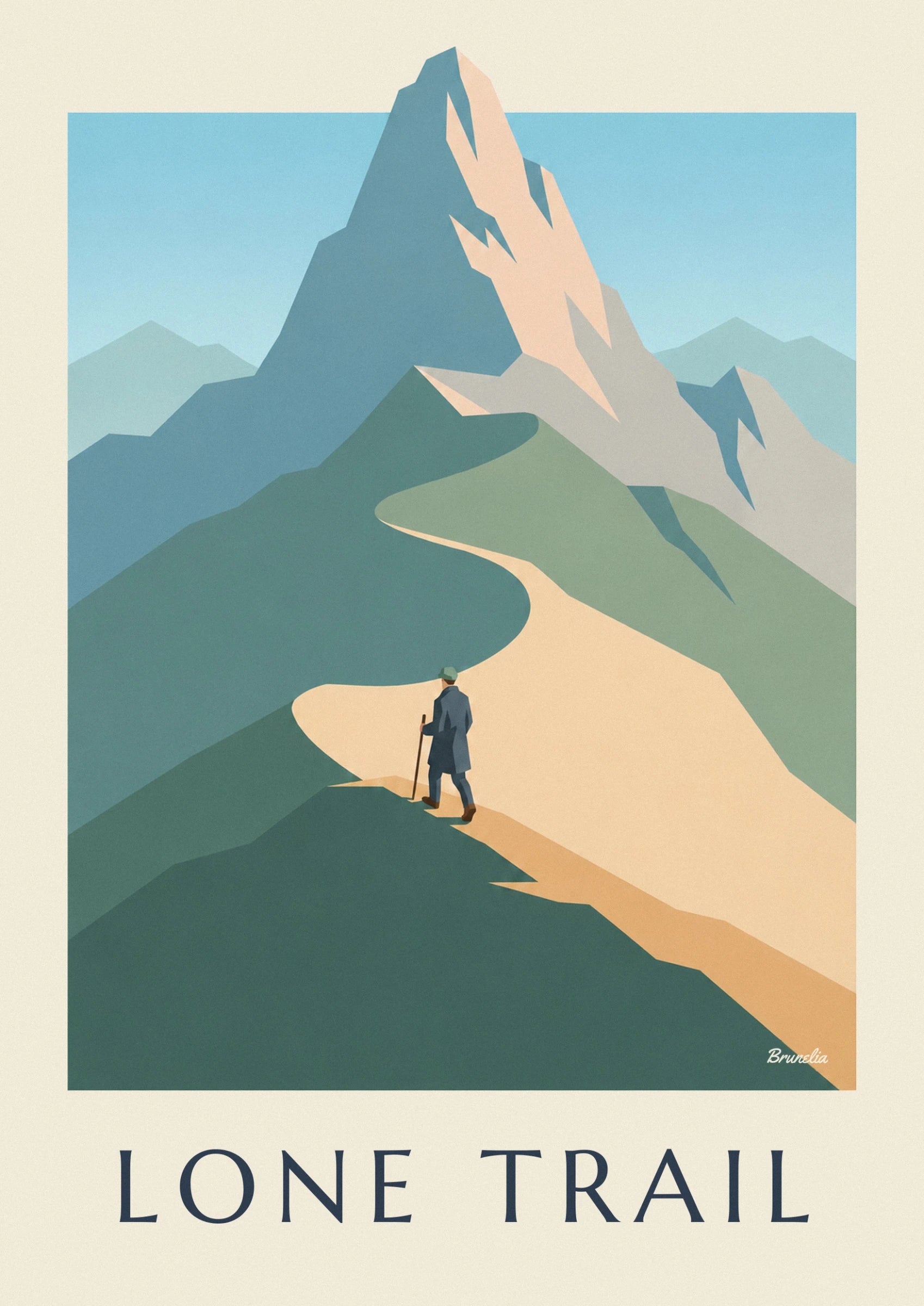 The hiker seen from behind in a blue coat and green cap, holding a walking stick