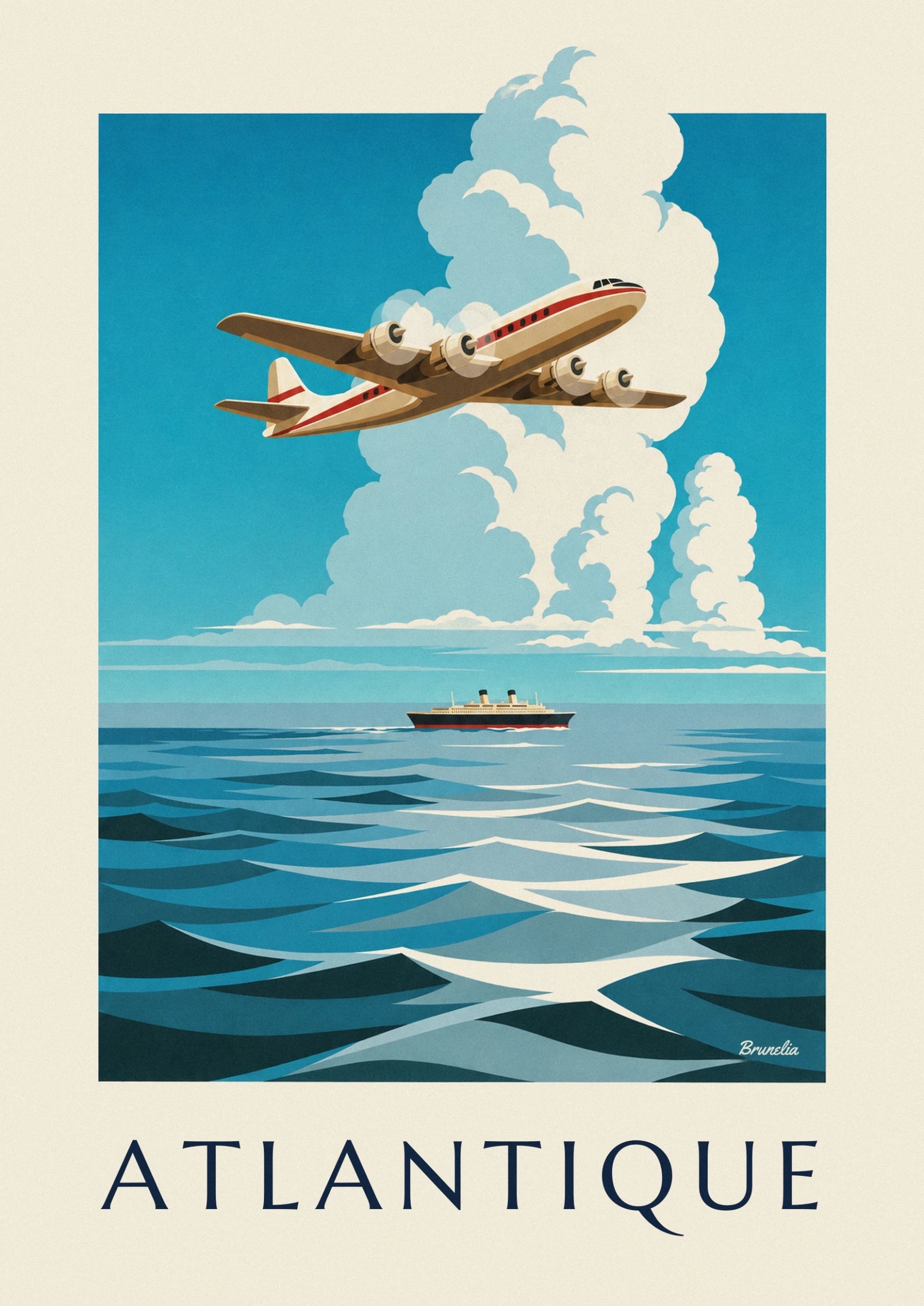 The four-engine plane with a red stripe above an ocean liner on the Atlantique