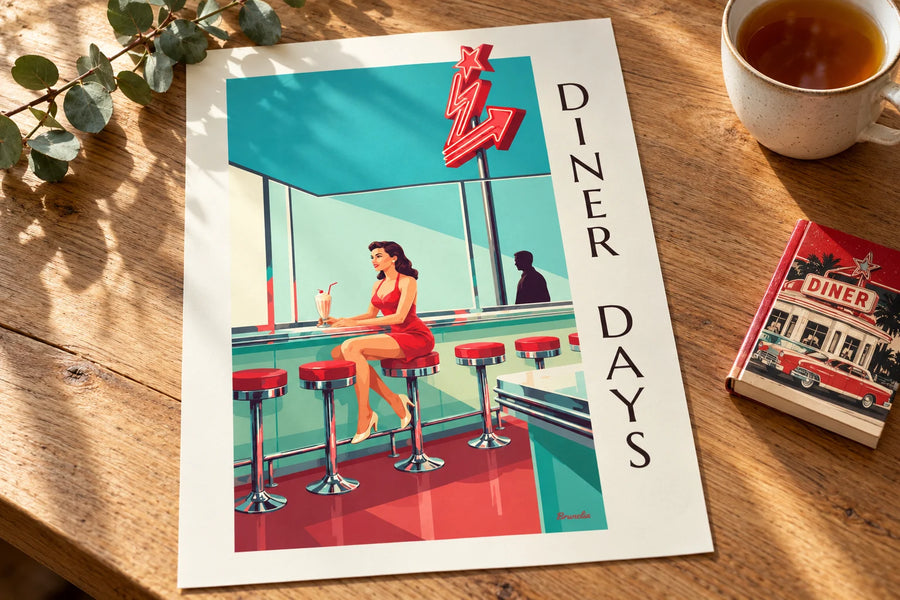 Póster de una pin-up en la barra de un diner americano: sobre una mesa