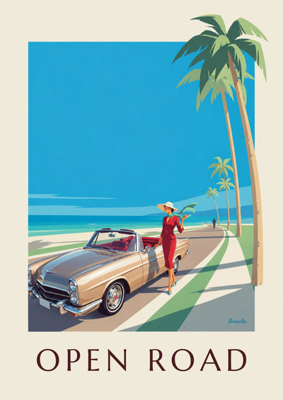 Póster de mujer elegante y coche descapotable junto al mar: el póster completo