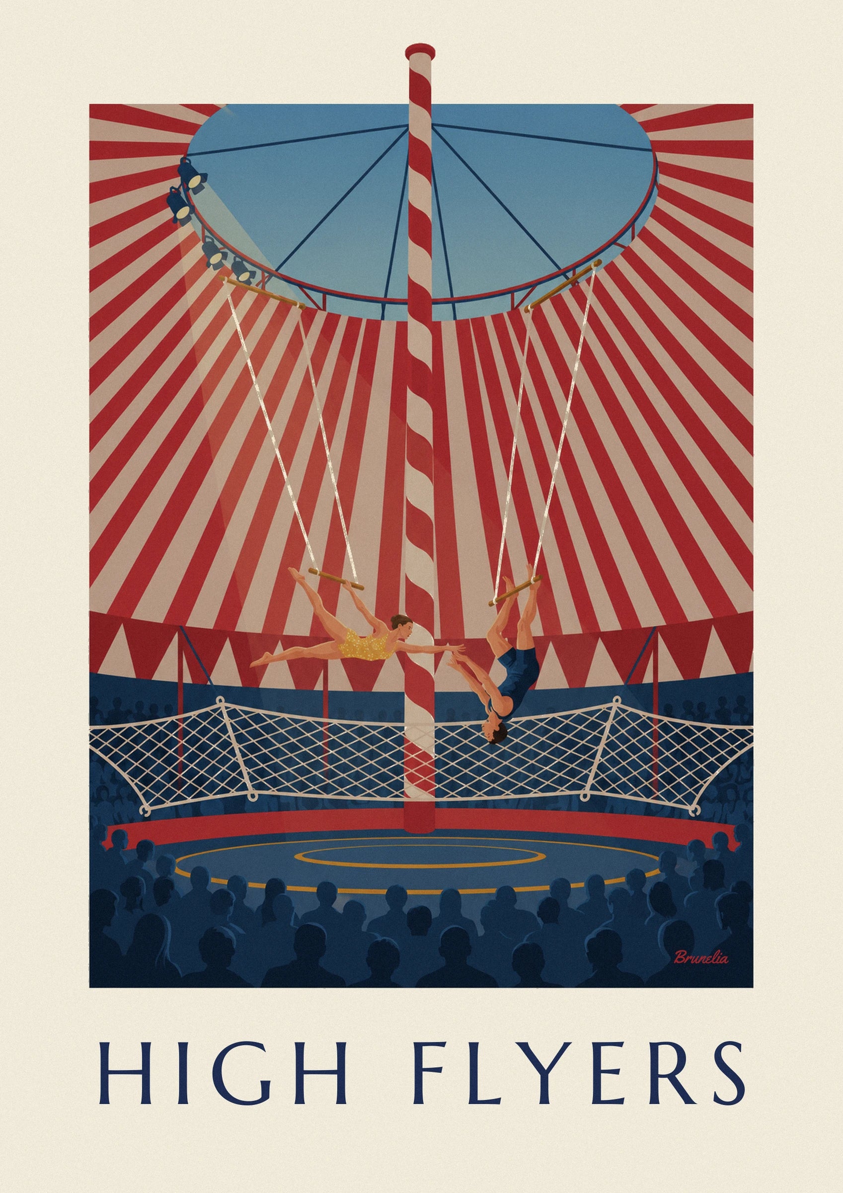 Trapeze artists under a striped circus tent poster: close-up detail