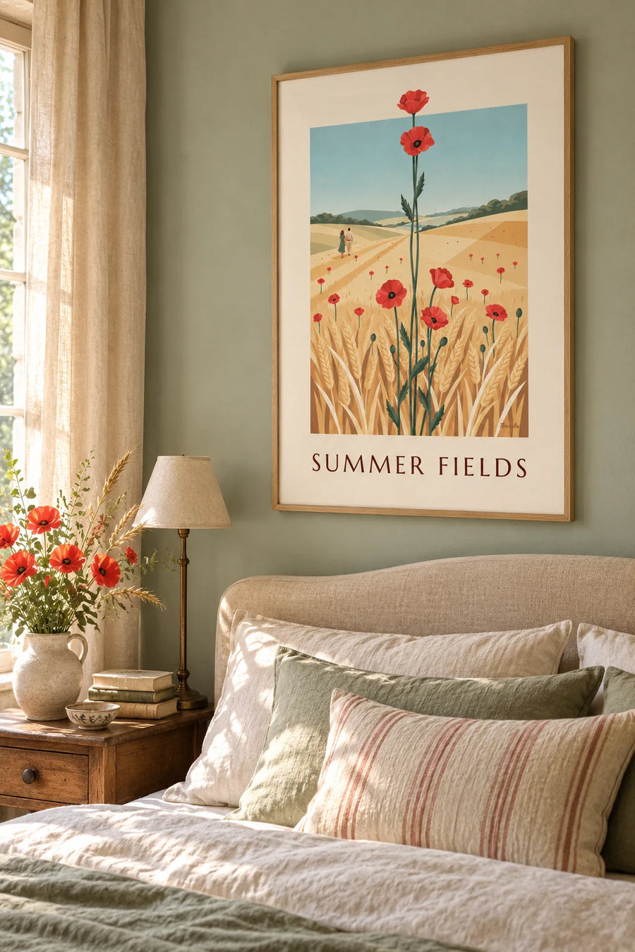 Póster de amapolas rojas en un campo de trigo: enmarcado en la pared