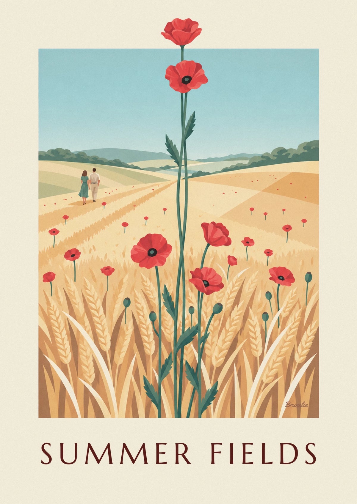 Red poppies in a wheat field poster