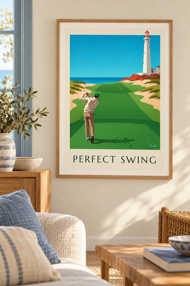 Póster golfista en pleno swing en un links al borde de un acantilado : enmarcado en la pared