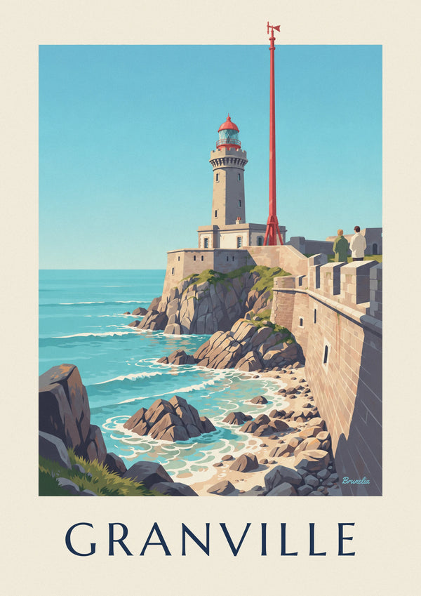 Granville white lighthouse with red lantern on the rocks poster