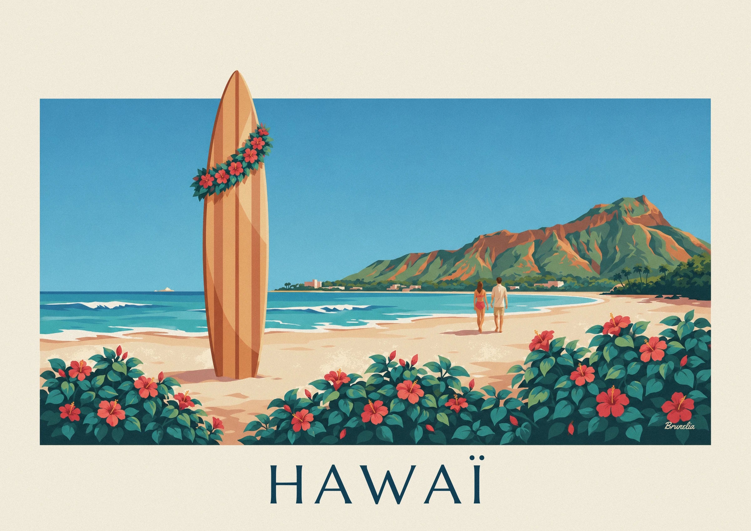 Planche de surf rayée plantée dans le sable, ornée d'une guirlande d'hibiscus rouges