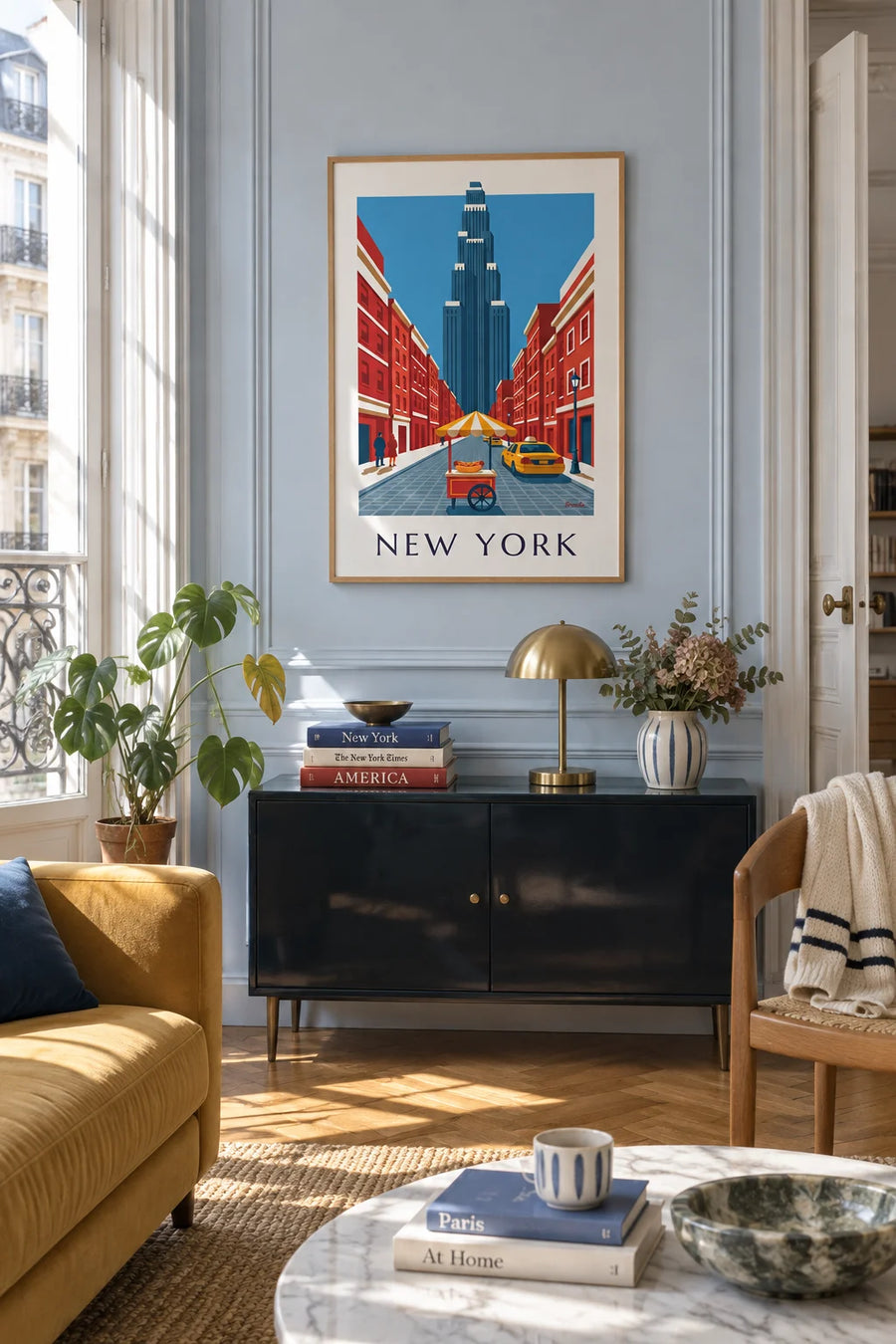 Poster of a hot dog cart on a New York street: framed on the wall