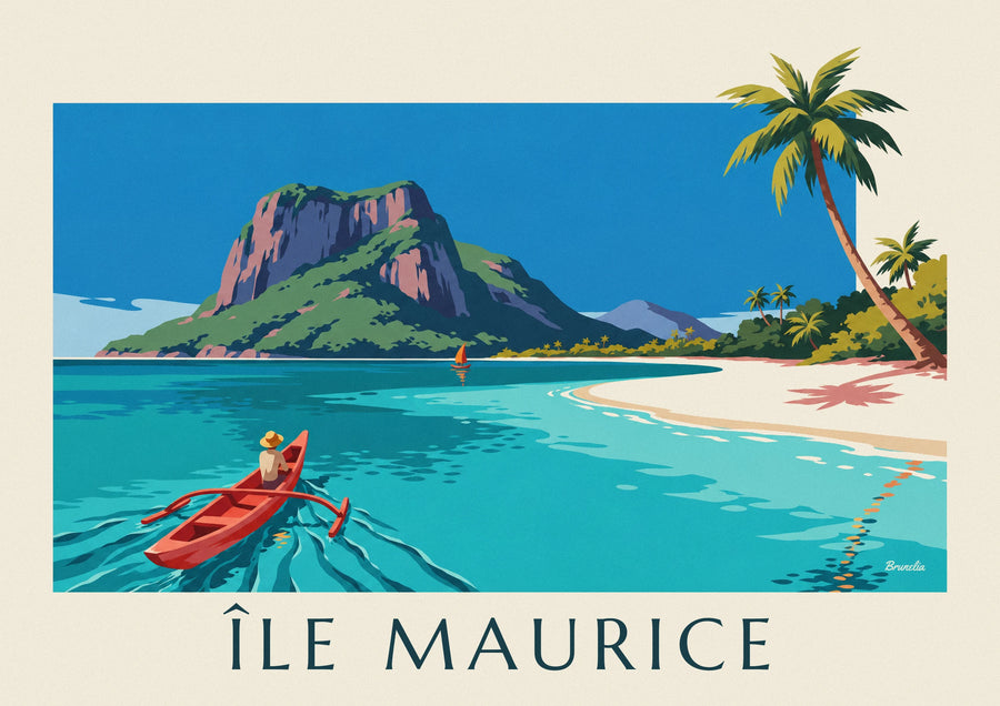 Póster de laguna, cocoteros y Le Morne Brabant en la isla Mauricio