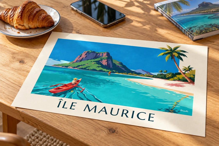 Póster de una laguna, cocoteros y Le Morne Brabant en Isla Mauricio: sobre una mesa