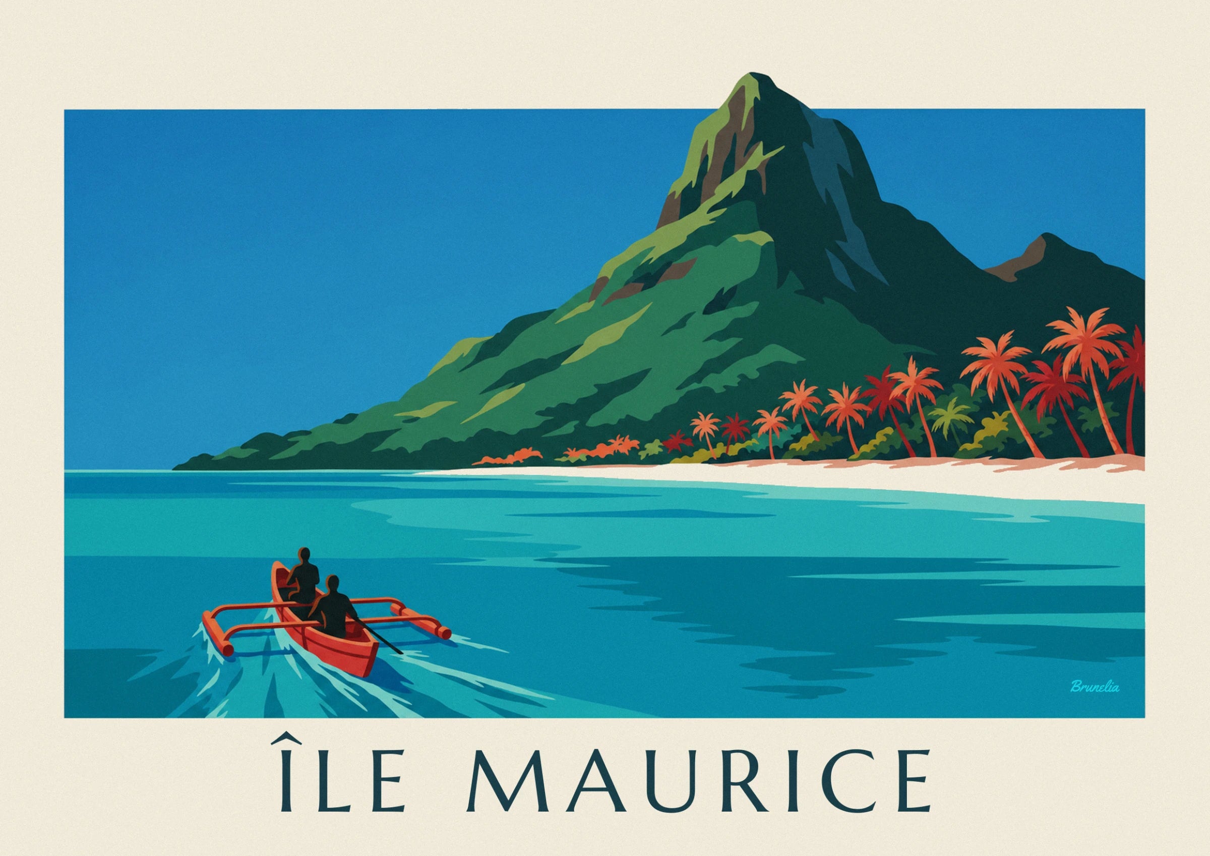 Le Morne Brabant with its green slopes, red palm trees and pale sandy beach
