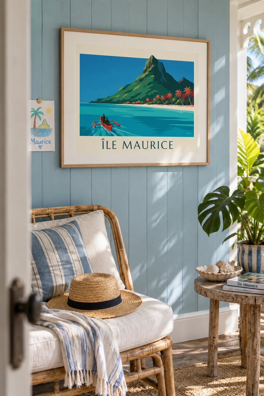 Poster of a lagoon, coconut palms and Le Morne Brabant in Mauritius: framed on the wall