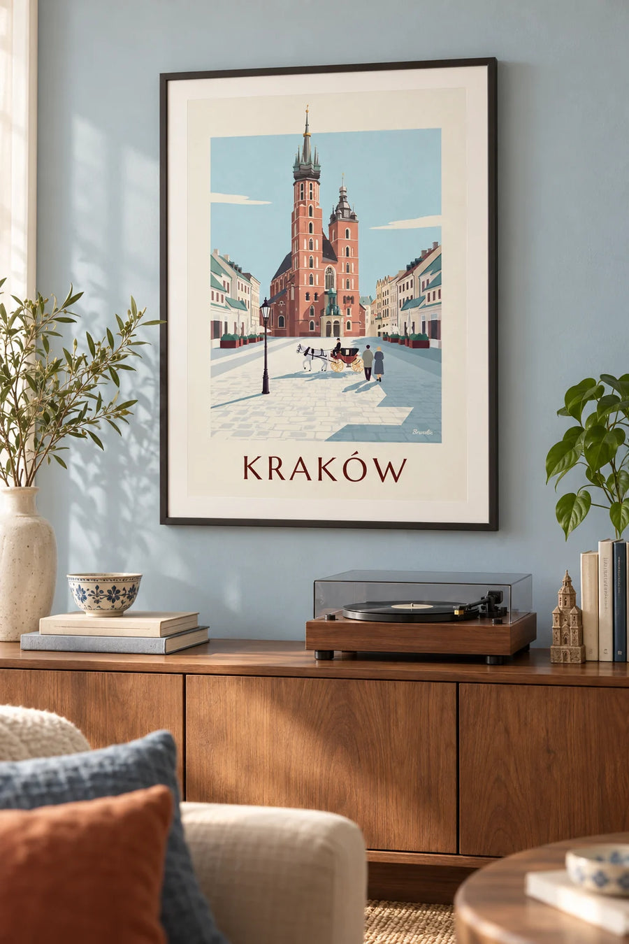 Póster de la basílica de Santa María y un carruaje en la plaza de Cracovia: enmarcado en la pared