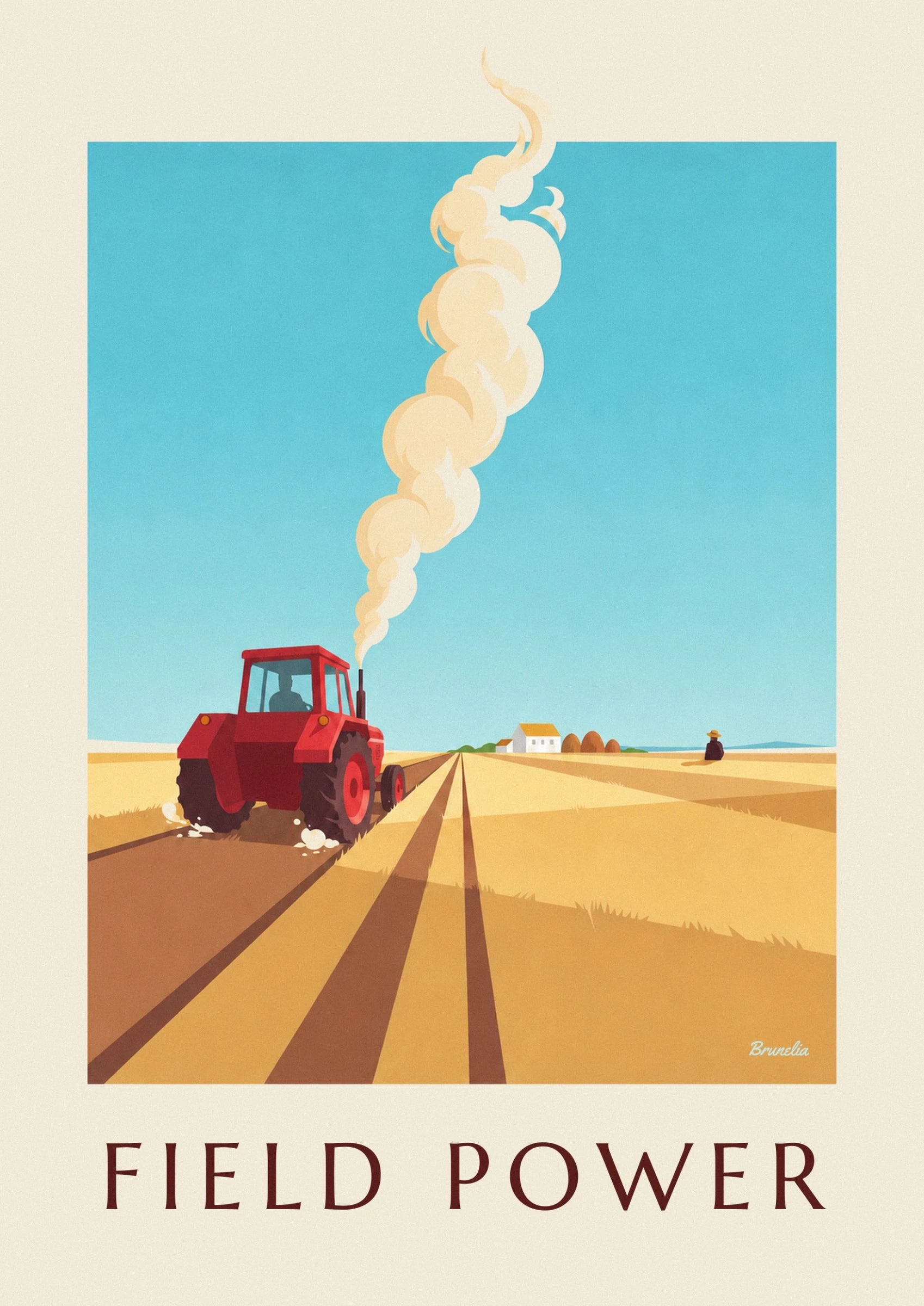 Le tracteur rouge et son conducteur, entre les sillons du champ doré