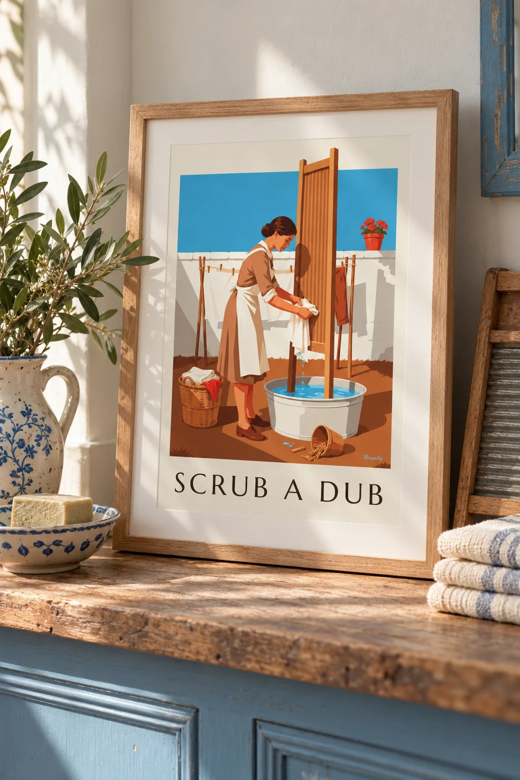 Laundry room: Woman at a washboard in a sunny courtyard poster on the wall