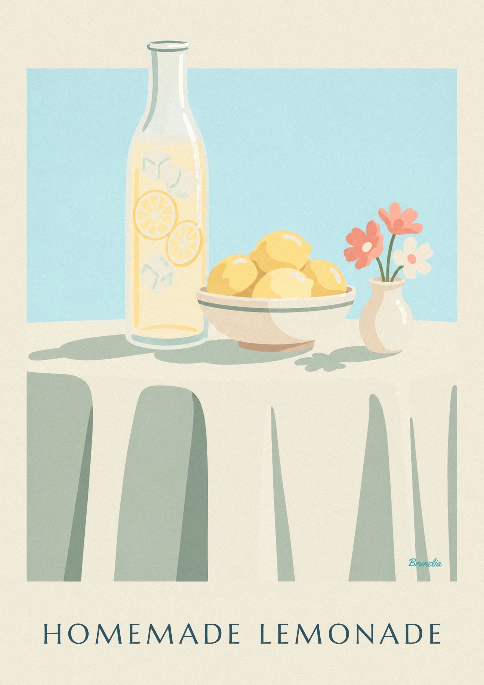 La jarra de limonada amarillo pálido con rodajas de limón y cubitos de hielo
