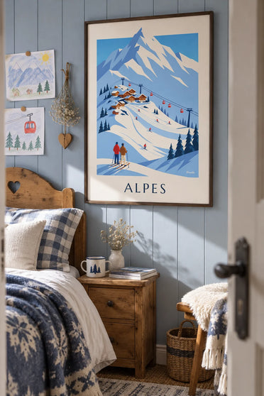 Póster de estación de esquí de los Alpes franceses y telecabina: enmarcado en la pared