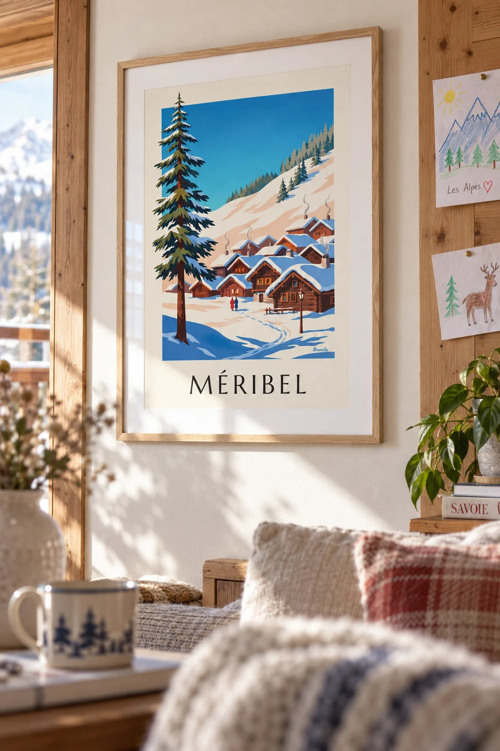 Snow-covered wooden chalets of Méribel poster on the wall