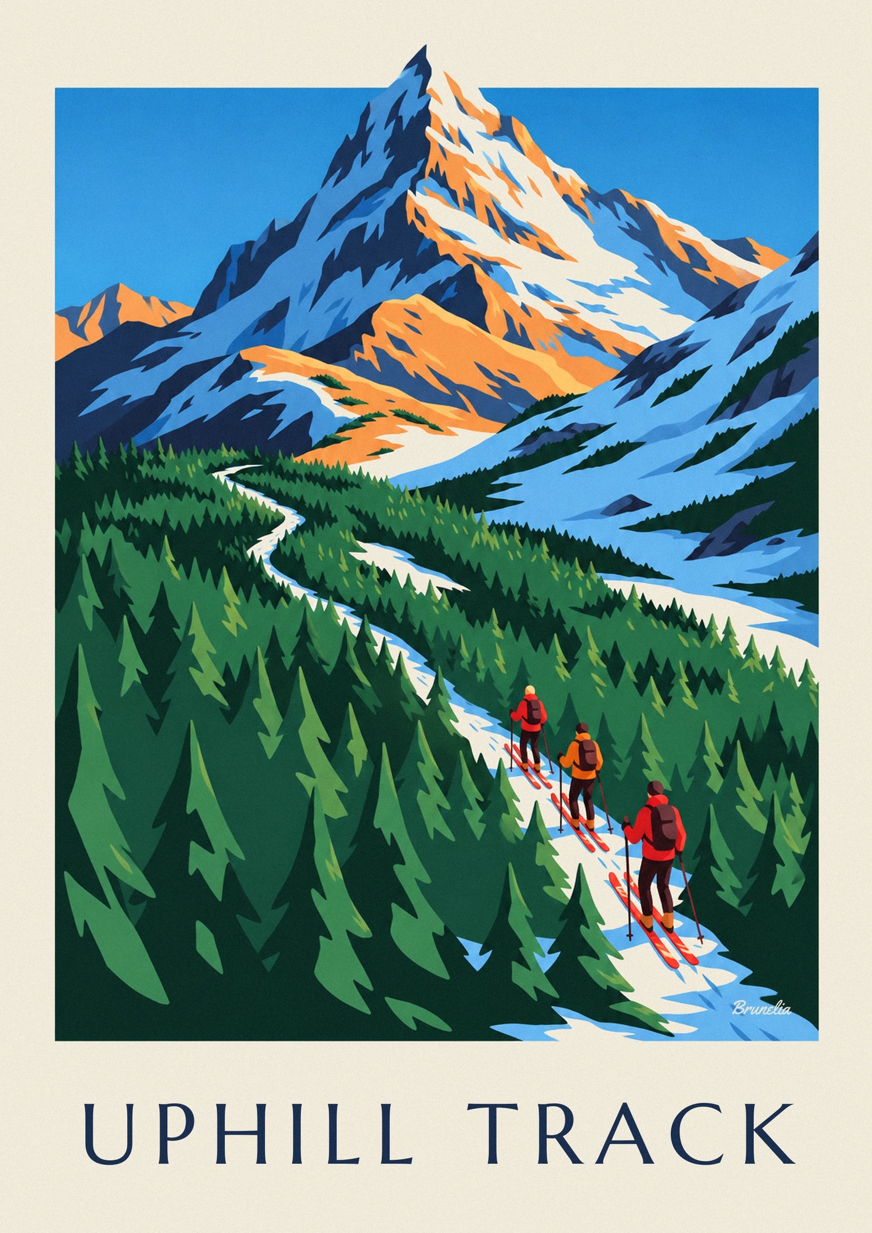 The snowy summit with orange and blue ridges beneath a clear blue sky