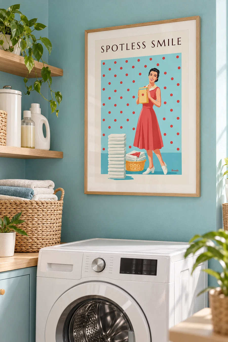Póster de colada, mujer sonriente y fondo de lunares: enmarcado en la pared