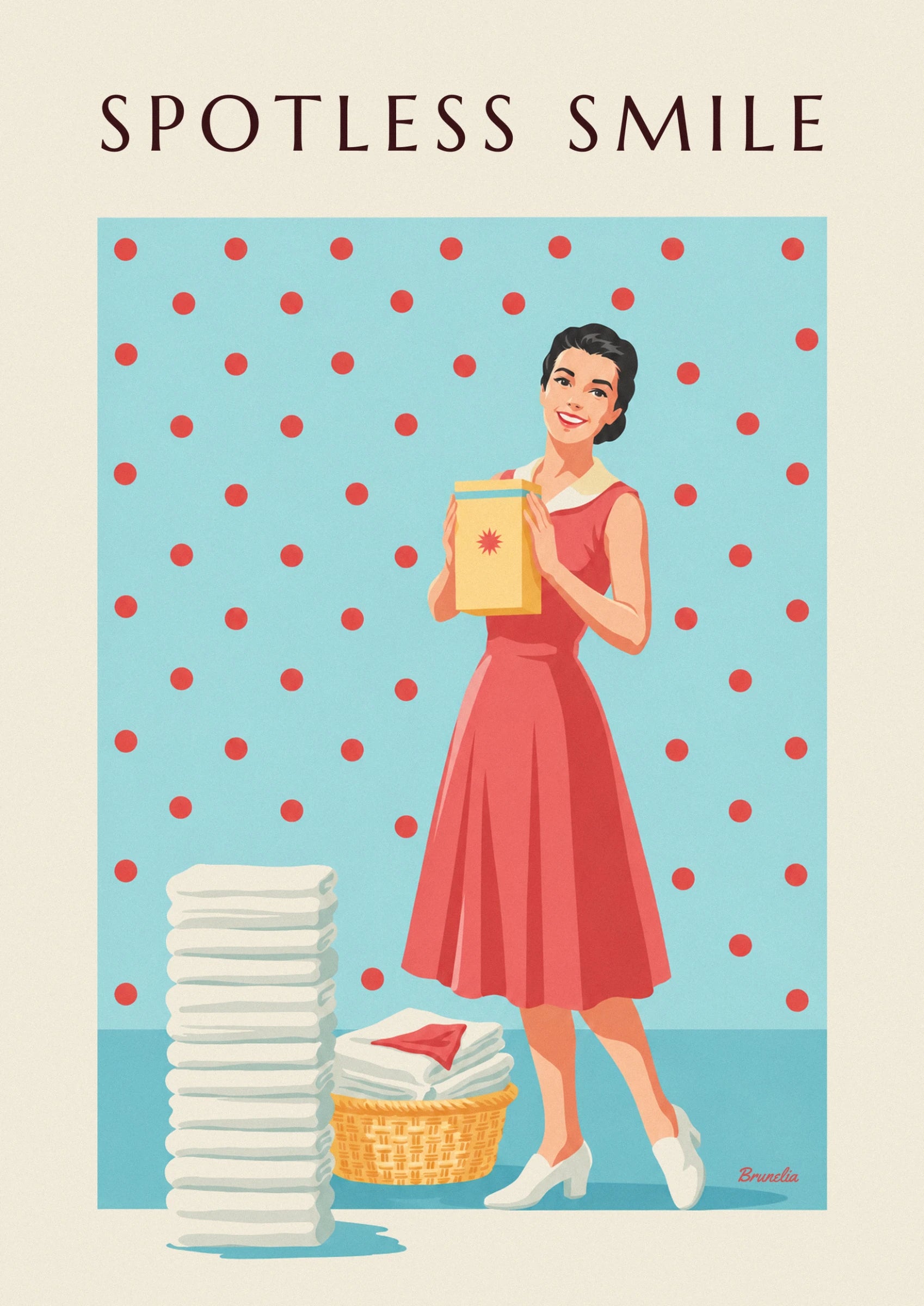 La femme souriante en robe rouge serre une boîte de lessive jaune, sur fond bleu à pois