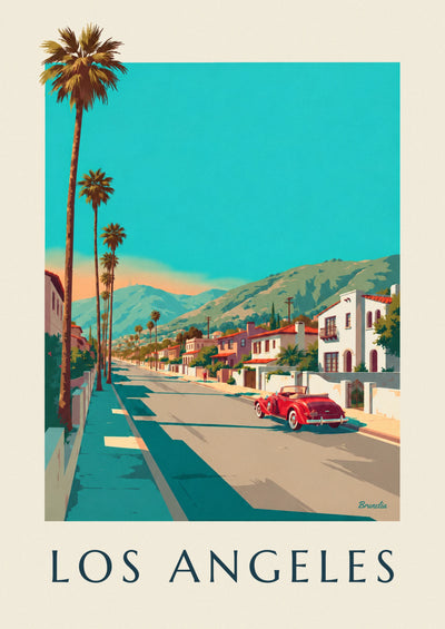 Póster de coche descapotable bajo las palmeras de Los Ángeles: el póster completo