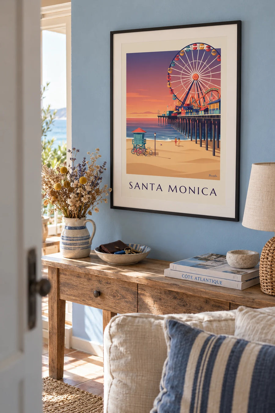 Póster del muelle de Santa Mónica al atardecer: enmarcado en la pared