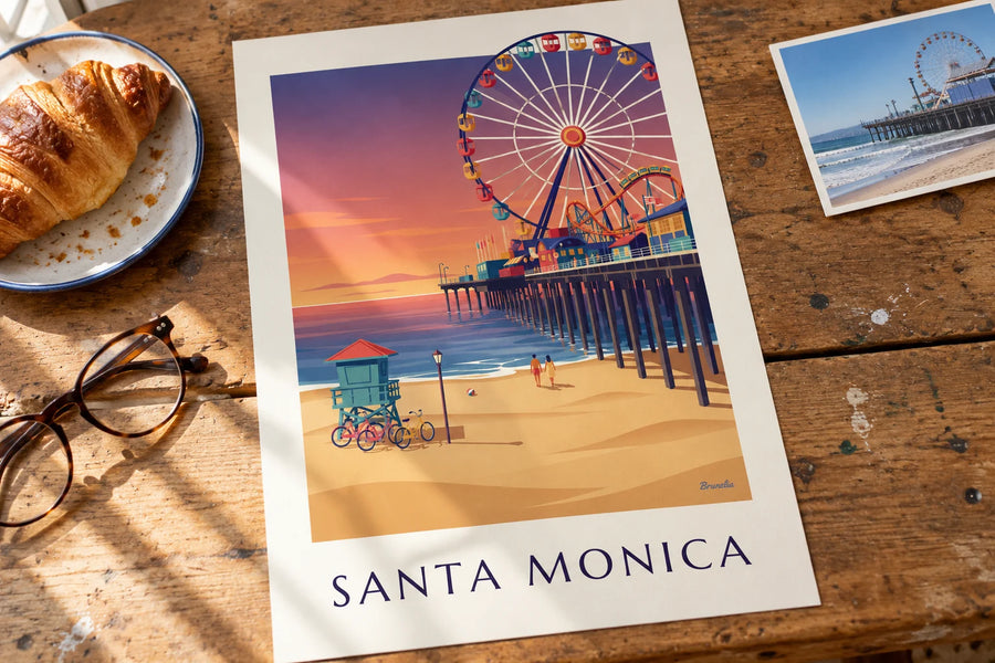 Póster del muelle de Santa Mónica al atardecer: sobre una mesa