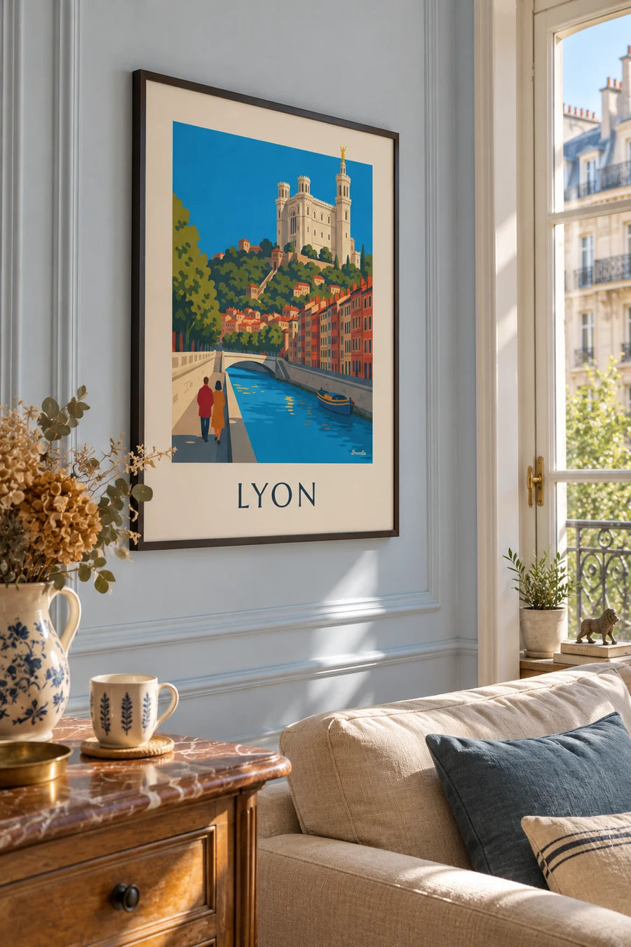 Póster de los muelles del Saona y el funicular de Fourvière en Lyon: enmarcado en la pared